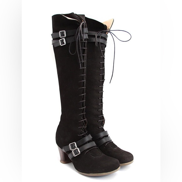 John Fluevog Shoes - John Fluevog Black Suede Operetta Hjordis Boots with Buckles, Sz 10